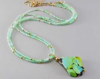 Collier turquoise et chrysoprase, collier double brin, collier dalle turquoise