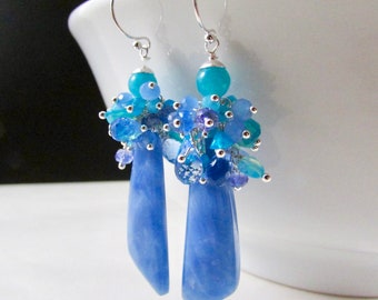 Sea Jasper With Blue Ethiopian Opal, Amazonite, Blue Jade And Blue Topaz Cluster Earrings