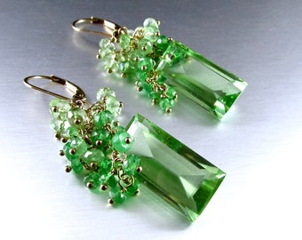 Green Quartz With Tsavorite and Green Amethyst GF Cluster Earrings