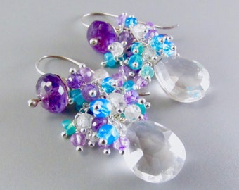 Clear Crystal Quartz With Opal And Amethyst Sterling Silver Cluster Earrings