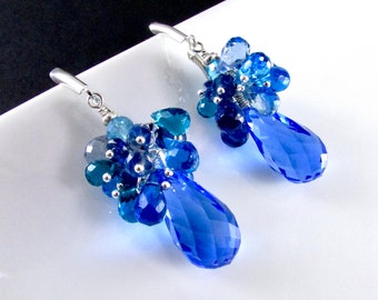 Boucles d'oreilles en argent sterling avec topaze bleu cobalt et quartz