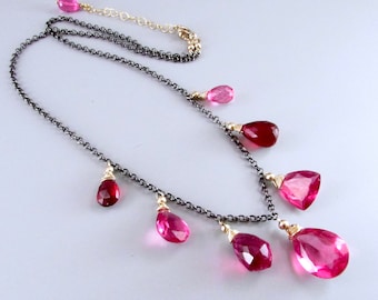 Red And Pink Quartz Gemstone Mixed Metal Necklace