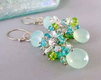 Aqua Chalcedony Cluster Mixed Gemstone Sterling Silver Earrings