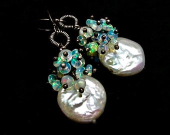 White Freshwater Coin Pearls With Ethiopian Opal and Oxidized Sterling Silver Earrings