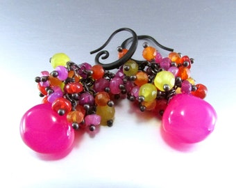 Colorful Pink Chalcedony and Jade Oxidized Sterling Silver Cluster Earrings