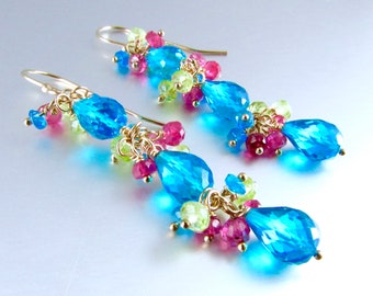 Quartz, Sapphire, Peridot And Neon Apatite Gold Filled Earrings