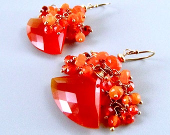 Carnelian Fan Cut With Mexican Opals and Orange Zirconia Gold Filled Earrings