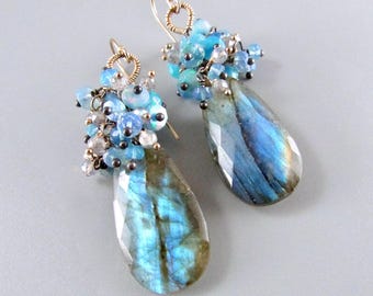 Boucles d'oreilles en argent sterling ornées de labradorite, de grenat rhodolite et de quartz orange
