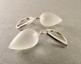 Frosted Crystal Quartz Sterling Silver Lever Back Earrings