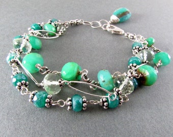 Three Strand Wire Wrapped Bracelet With Peruvian Blue Opal, Green Amethyst, and Blue Moonstone