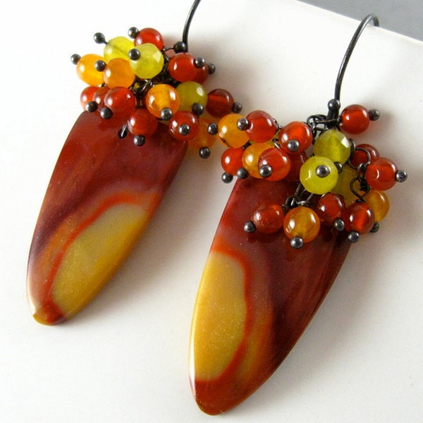 Mookite, Carnelian and Jade Earrings