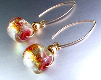 Handmade Lamp Work Beads And Gold Filled Dangle Earrings, Basha Bead Earrings