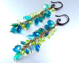 Kleurrijke oorbellen, met blauwe opalen, peridot, blauwgroen kwarts oorbellen gemengd metaal