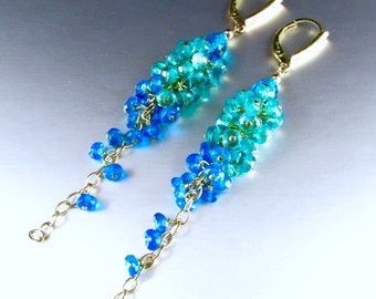 Neon Blue Apatite And Aqua Apatite Waterfall Earrings, Cluster Earrings