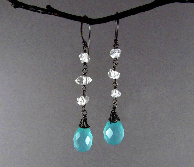 20 /% Off Aqua Turquoise Blue Quartz With Herkimer Diamond Oxidized Sterling Silver Earrings
