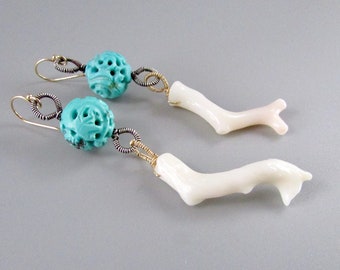 White Branch Coral and Carved Turquoise Mixed Metal Earrings