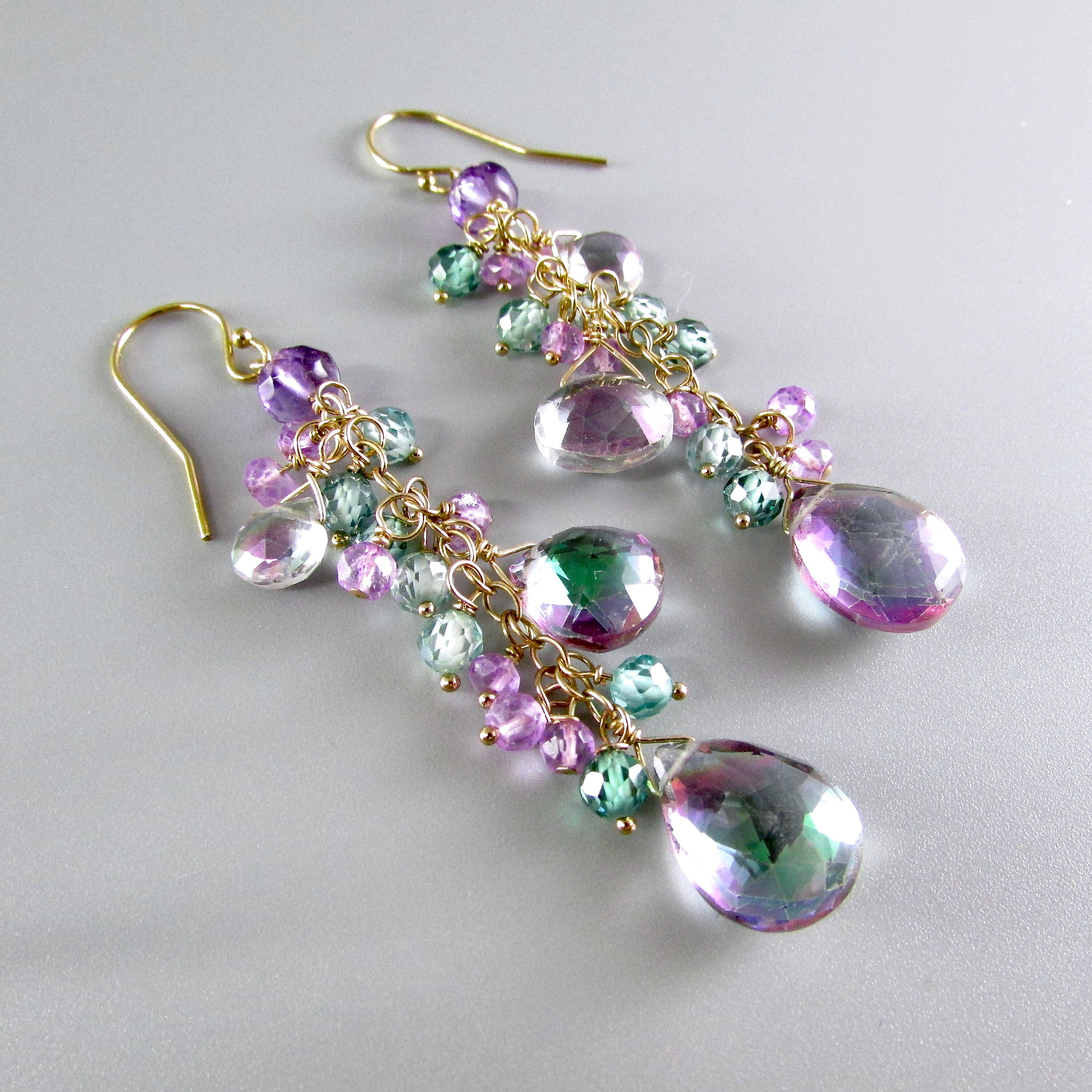 Mystic Rainbow Topaz With Pink Amethyst And Zirconia Cluster Earrings