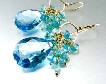 Blue Quartz With Topaz, Aquamarine And Apatite Gold Filled Cluster Earrings