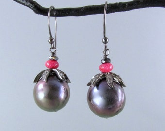 Natural Black  Pearls with Ruby and Diamond Pave Earrings