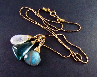 Aqua Quartz, Moonstone And Labradorite Charm Necklace