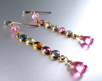 Sapphire and Gold Filled Stacked Gemstone Dangle Earrings