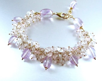 Chunky Morganite And Pink Amethyst and Gold Filled Adjustable Bracelet