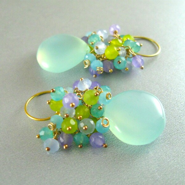 Aqua Chalcedony Cluster Wire Wrapped Sterling Earrings