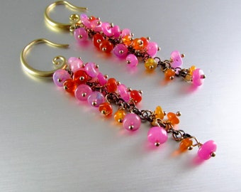 Long Pink And Orange Ethiopian Opal Cluster Gold Filled Earrings