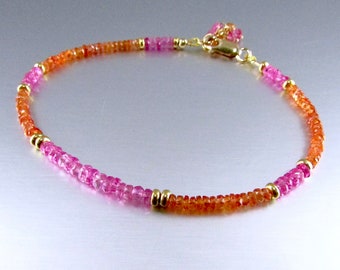 Pink And Orange Padparadscha Sapphires With Gold Accents Stacking Bracelet, Adjustable Large Size Bracelet