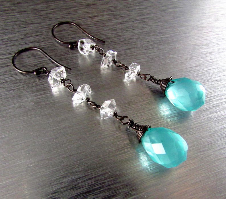 20 /% Off Aqua Turquoise Blue Quartz With Herkimer Diamond Oxidized Sterling Silver Earrings