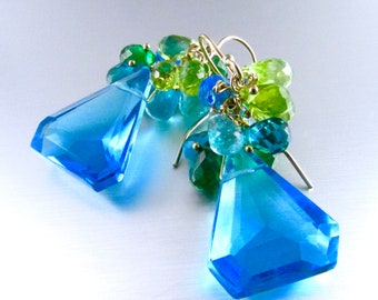 Turquoise Blue Quartz Cluster Gold Filled Earrings