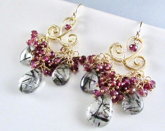 Rutilated Quart With Rhodolite Garnet Cluster Gold Filled Earrings