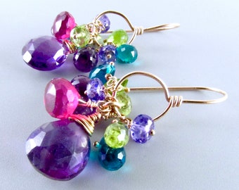 Natural Amethyst With Peridot, Pink Quartz, Peacock Blue Quartz and Purple Zircon gold Filled Cluster Earrings