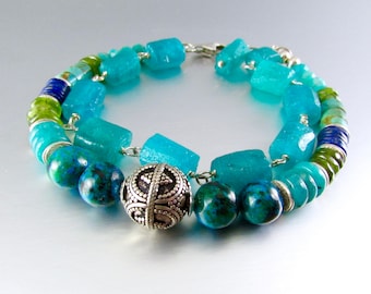 Gros bracelet artisanal double rang, bracelet en argent sterling avec pépites d'apatite