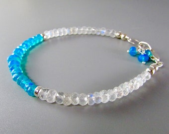 Bracelet à empiler en argent sterling avec opale d'Éthiopie bleu turquoise et pierre de lune