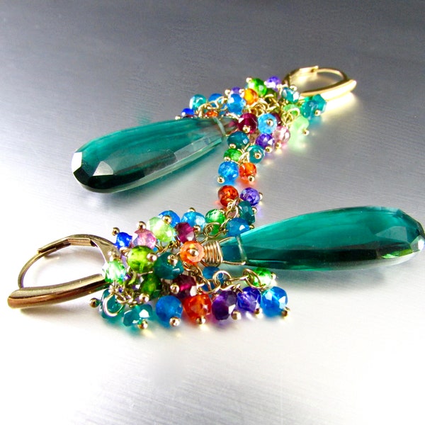 Colorful Gemstones With Peacock Green Quartz Gold Filled Lever Back Earrings,