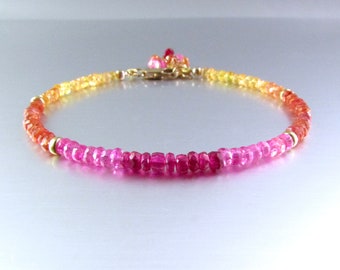 Faceted Pink Sapphire and Orange Padparadscha Sapphire Bracelet, Gold And Sapphire Bracelet, Colorful  Bracelet