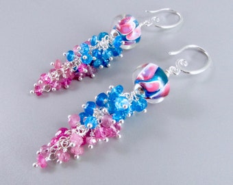 Lampwork Beads With Gemstone Cluster Dangle Sterling Silver Earrings, Sapphire and Apatite Clusters