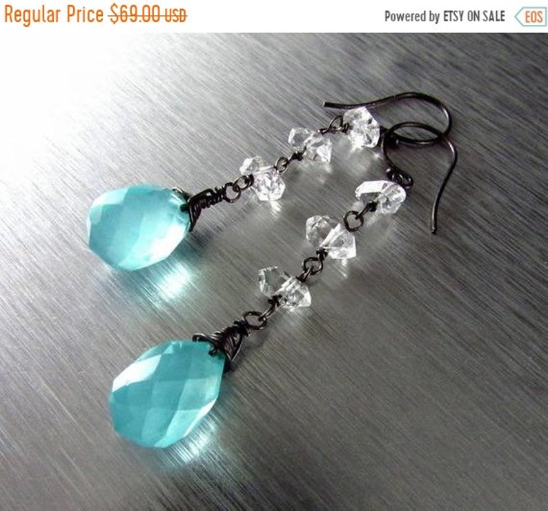 20 /% Off Aqua Turquoise Blue Quartz With Herkimer Diamond Oxidized Sterling Silver Earrings