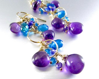 Boucles d'oreilles en or rempli d'améthyste et de quartz