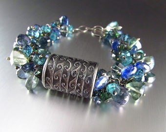 Anne Choi Wave Bead With Kyanite, Quartz and Apatite Cluster Sterling Silver Wire Wrapped Bracelet