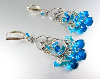 Turquoise Blue Quartz With Blue Opals and Neon Apatite Sterling Chandelier Earrings