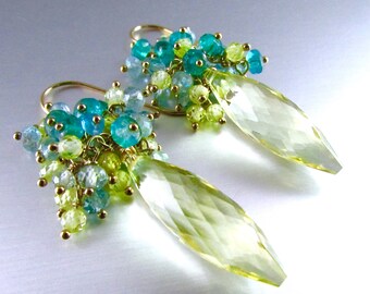 Lemon Quartz, Aqua Apatite, Yellow Zircon And Sea Green Quartz  Gemstone Gold Filled Cluster Earrings