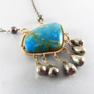 Peruvian Opal With Pyrite And Pearls Mixed Metal Wire Wrapped Necklace