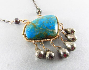 Peruvian Opal With Pyrite And Pearls Mixed Metal Wire Wrapped Necklace