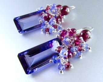 Boucles d’oreilles en argent sterling Tanzanite, grenat rhodolite et quartz iolite