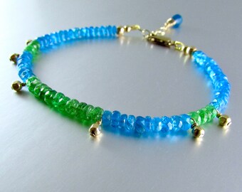 Colorful Layering Bracelet, Tsavorite Garnet and Neon Blue Apatite Stacking Bracelet, Gold Filled Adjustable