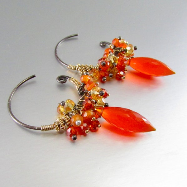 Carnelian With Citrine, Mexican Opal and Orange Zircon  Swirl Hoop Oxidized Earrings