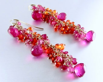 Long Gold Filled Rubellite Quartz, Pink Topaz, Pink Sapphire, Zircon and Hessonite Garnet Earrings