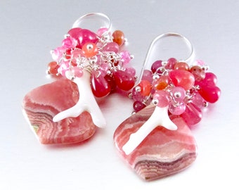 Rhodochrosite Cluster Earrings, Rhodochrosite, Sapphire and Coral Cluster Earrings